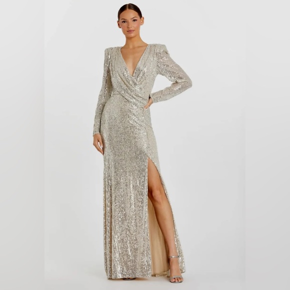 New Ieena for Mac Duggal 26723 Nude Sequined Faux Wrap Ruched Gown – Size 12 - Picture 1 of 10